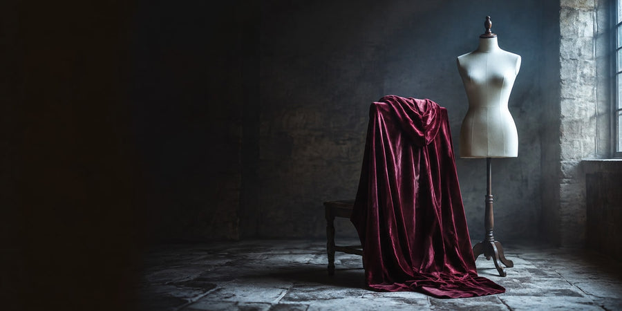 A single burgundy velvet hooded cloak over a wooden chair beside an empty tailor's dress form