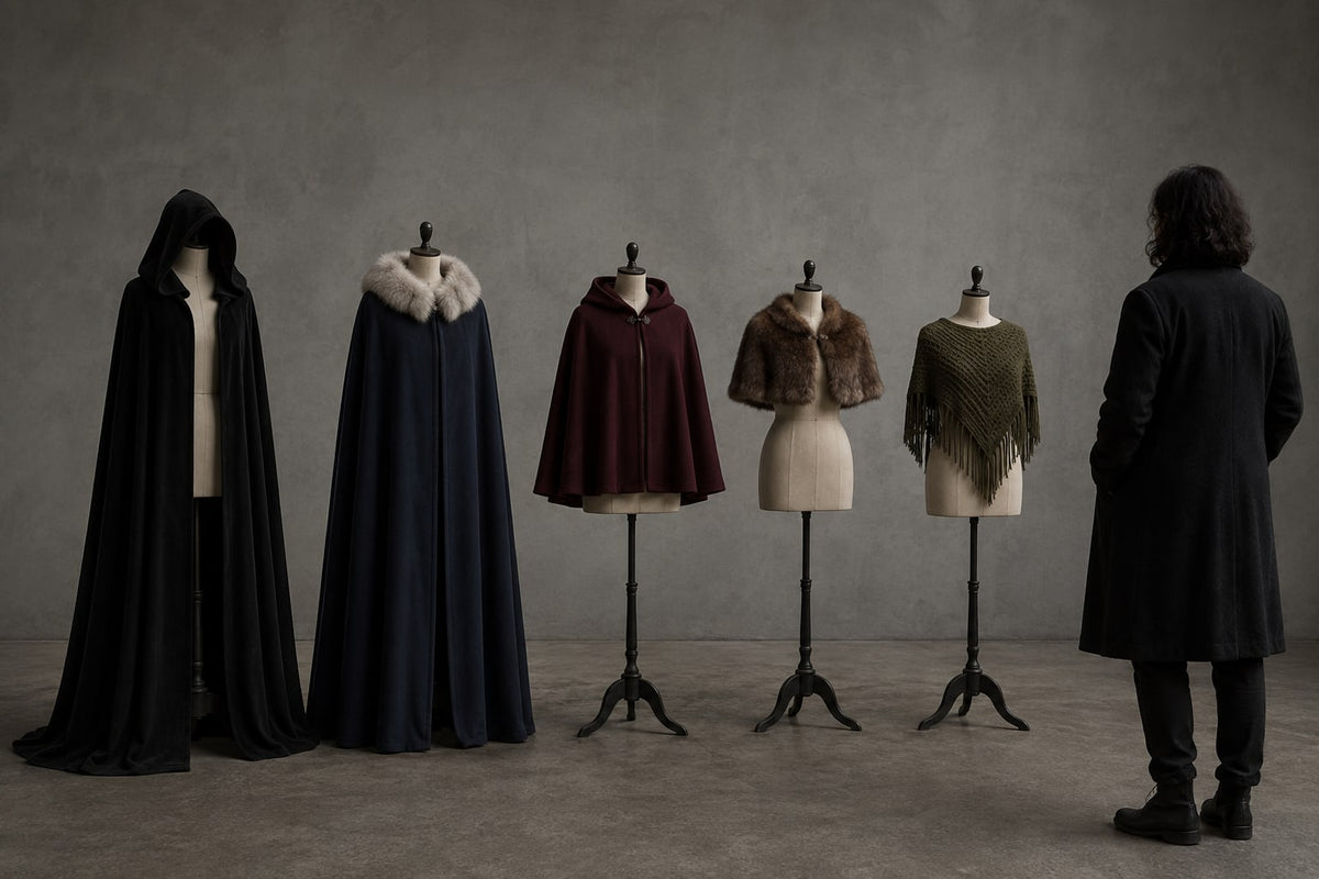Five dress forms in a row showing cloak and cape types by coverage: full-length hooded cloak, hoodless cloak, hooded capelet, shoulder capelet, triangular shawl