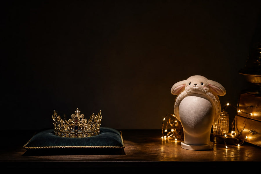 A gold jewelled crown on a velvet cushion beside a plush novelty animal headband on a foam head, side by side