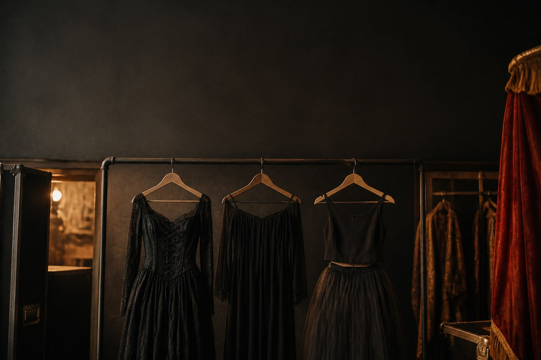 Three costume dresses on a rail: a laced corset dress, a draped gown and a top-and-skirt set
