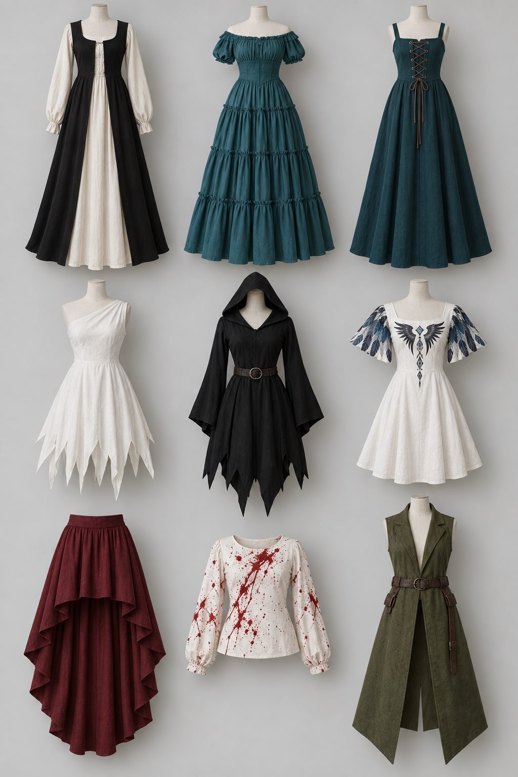 Nine costume garments pinned flat on a wall in a three-by-three grid: three long dresses, three shorter dresses, and three single pieces