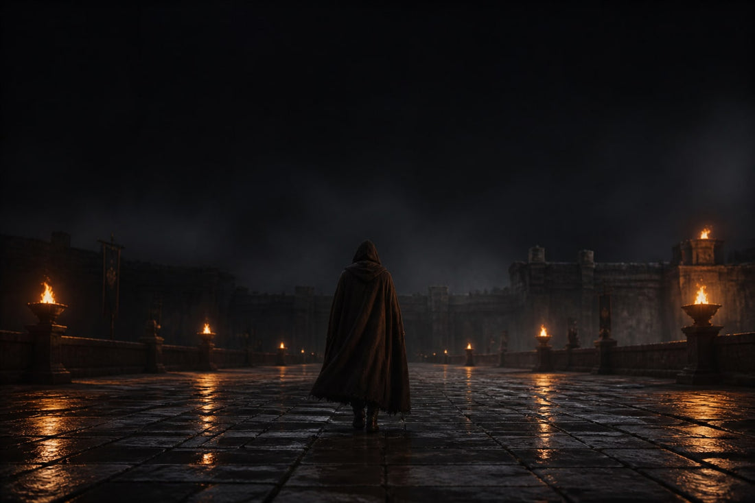 A hooded cloaked figure from behind in a torch-lit courtyard at night