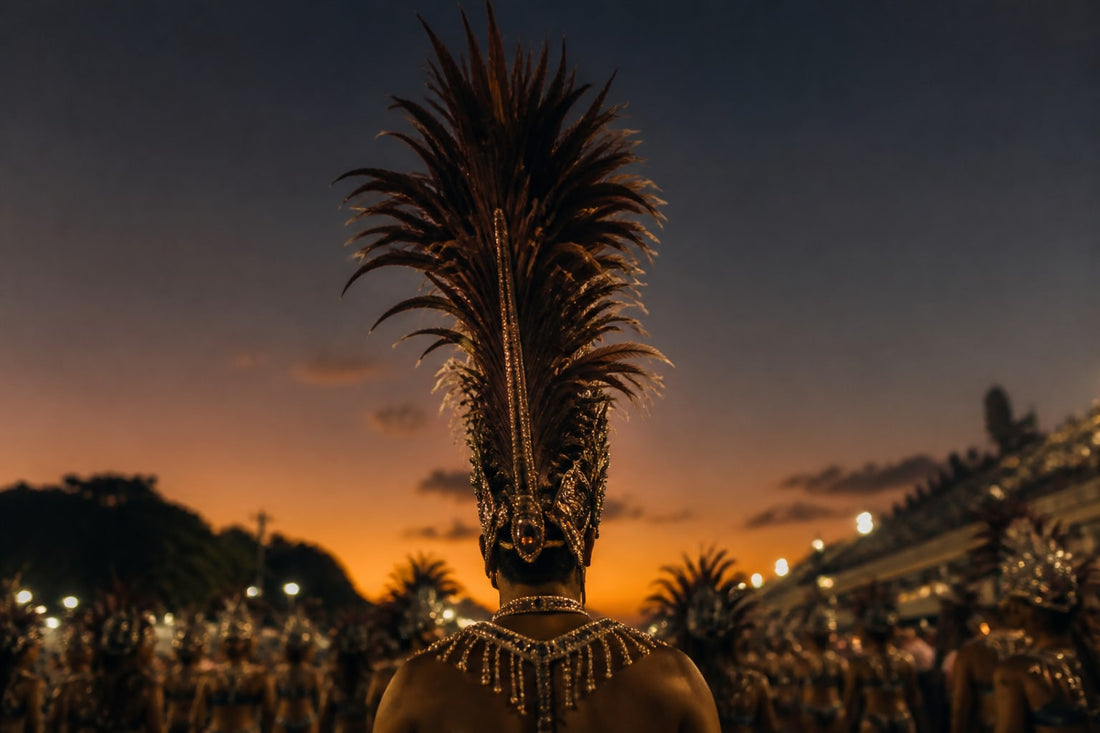 A carnival performer from behind wearing a towering feather headdress silhouetted against a dusk sky