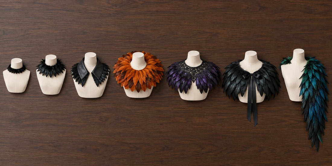 Seven feather neck pieces laid out in an arc on a dark table, ordered from a narrow choker band to a wide shoulder shawl