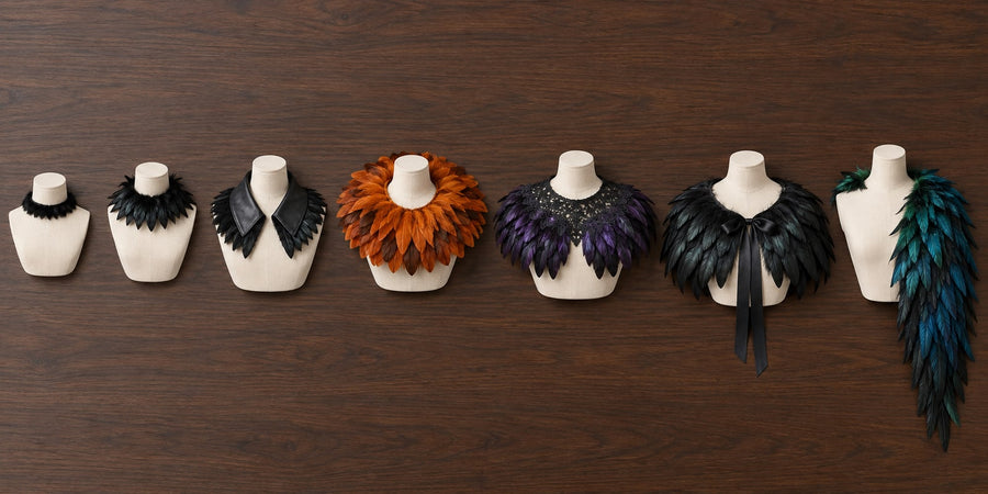 Seven feather neck pieces laid out in an arc on a dark table, ordered from a narrow choker band to a wide shoulder shawl