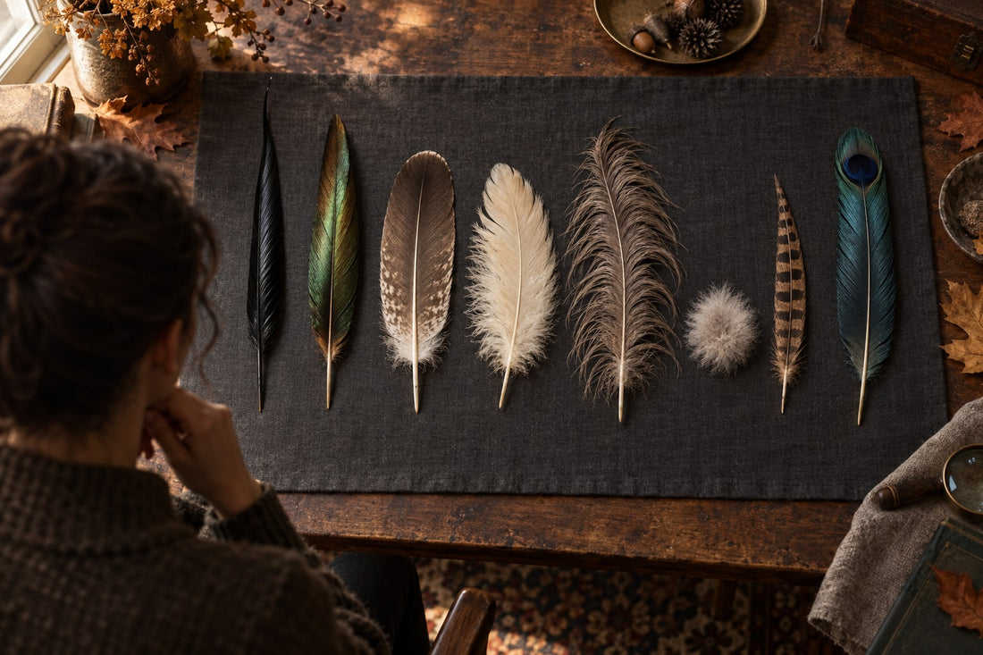 Eight costume feathers of different shapes laid in a row on dark linen, showing the difference between narrow pointed, broad rounded, plumed, downy and barred feathers