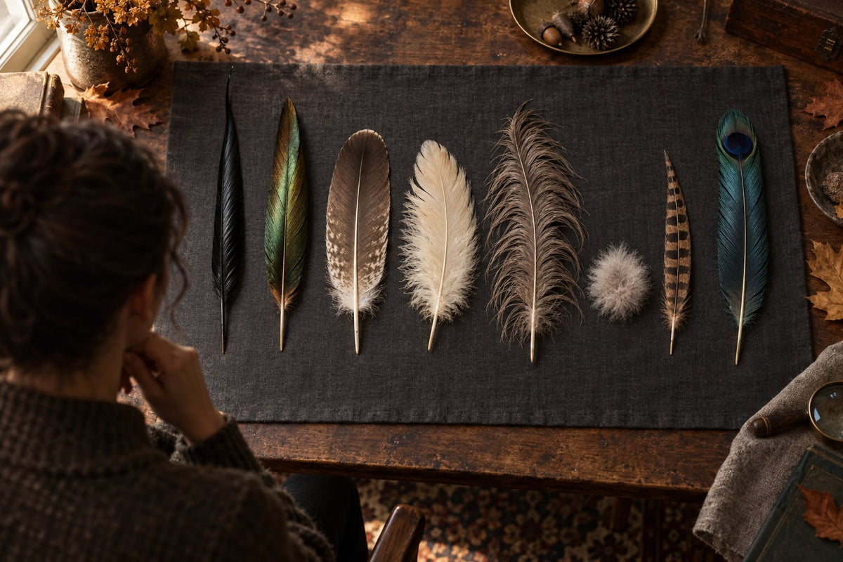 Eight costume feathers of different shapes laid in a row on dark linen, showing the difference between narrow pointed, broad rounded, plumed, downy and barred feathers