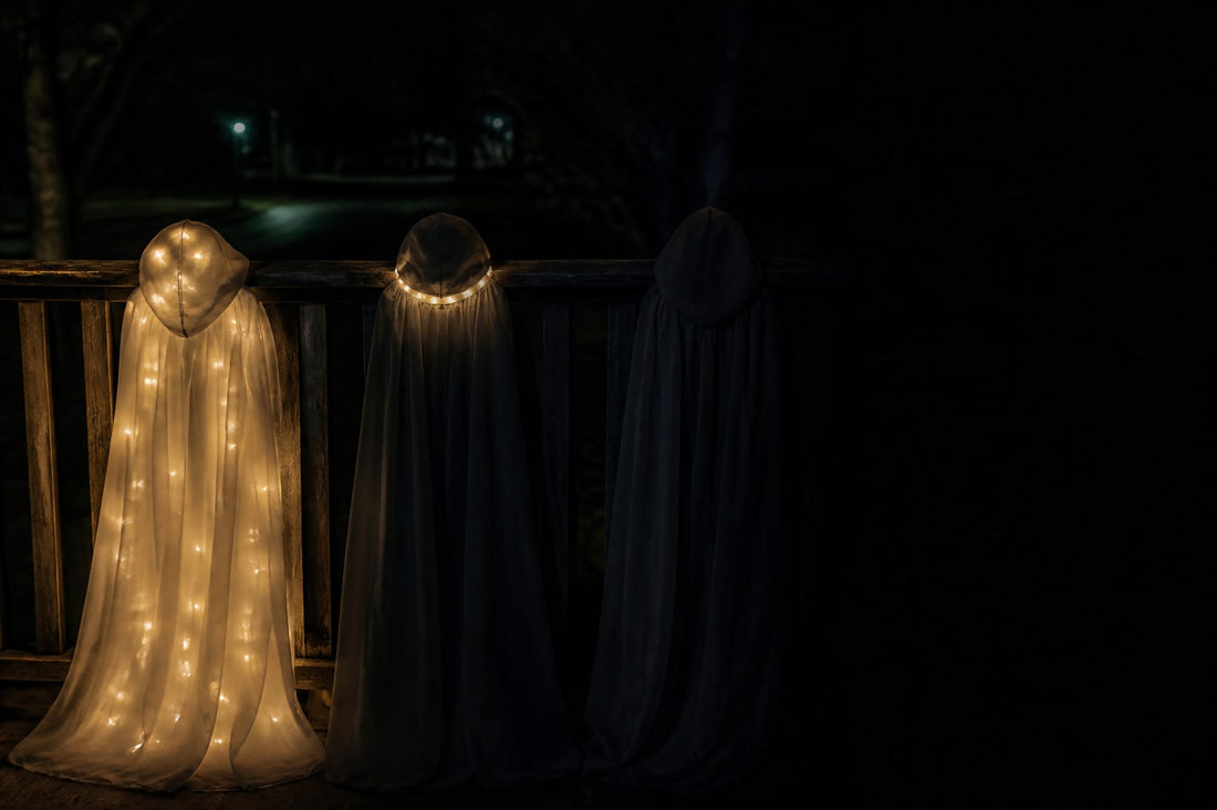 Three white hooded Halloween capes on a porch rail at night: one lit all over, one lit only at the collar, one unlit and nearly invisible
