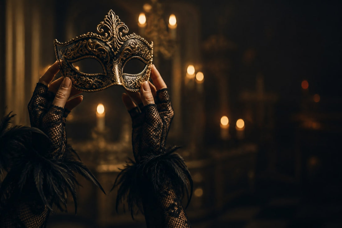 Hands in black feather-and-lace fingerless gloves holding a gold masquerade mask