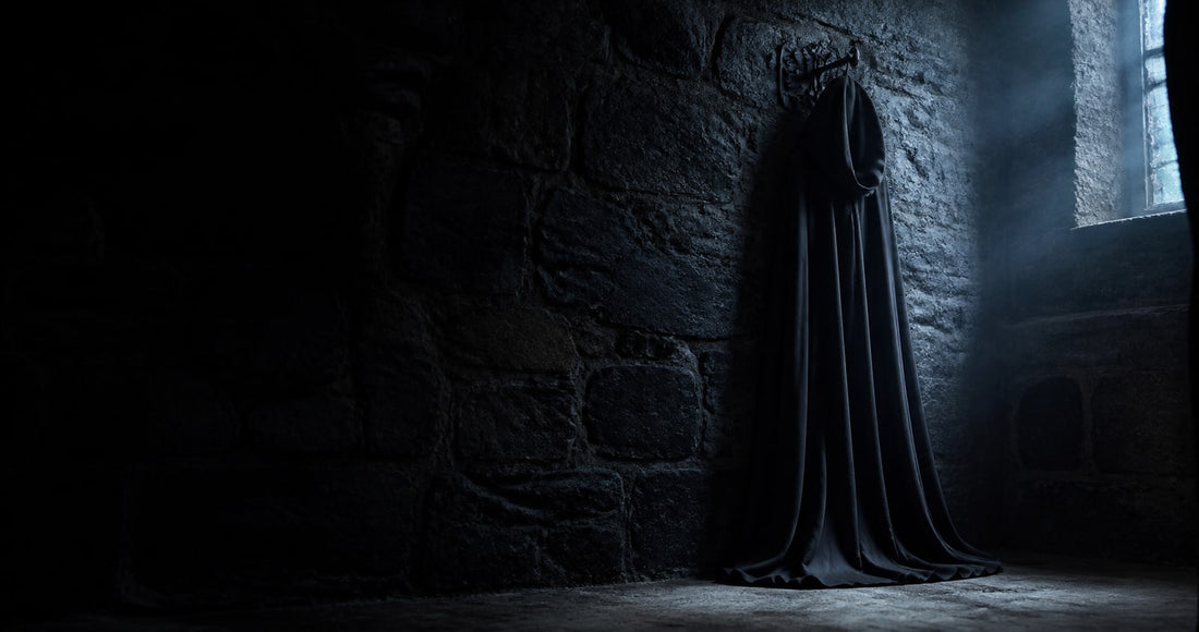 Long black hooded cloak hanging from an iron hook on a dark stone wall