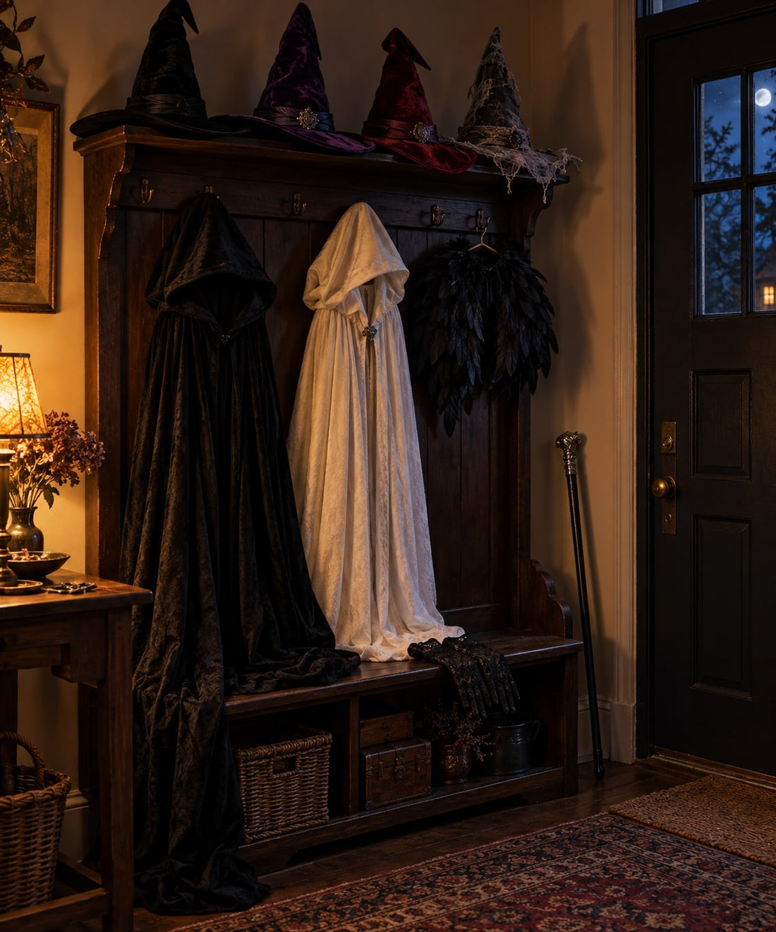A hall stand by a front door staged with four pointed hats, two hooded cloaks, a feather capelet, a cane and long lace gloves