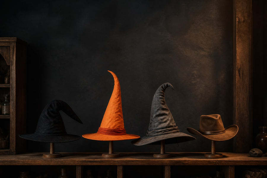Four costume hats in a row: drooping black witch hat, upright orange point, grey wizard slouch, brown cowboy hat