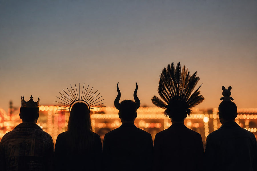 Five adults photographed from behind in a row at dusk, each wearing a different carnival head piece: a crown, a halo of rays, horns, a feather fan and a novelty plush topper