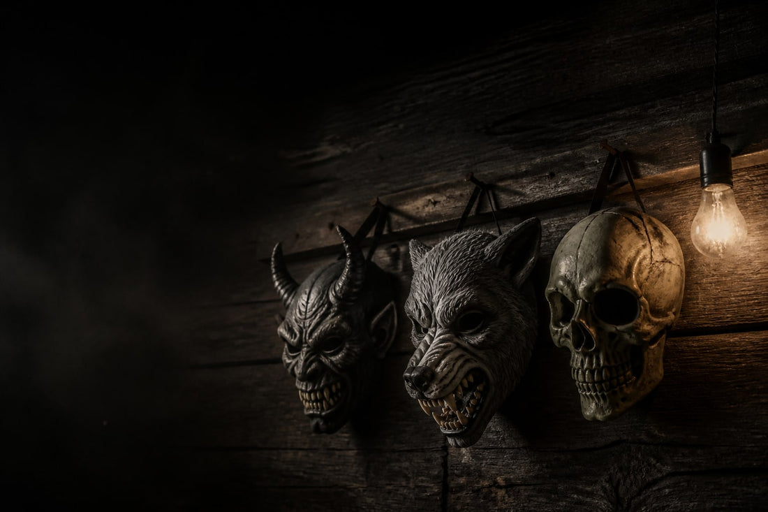Demon, wolf and skull costume masks hanging on a dark timber wall under a bare bulb