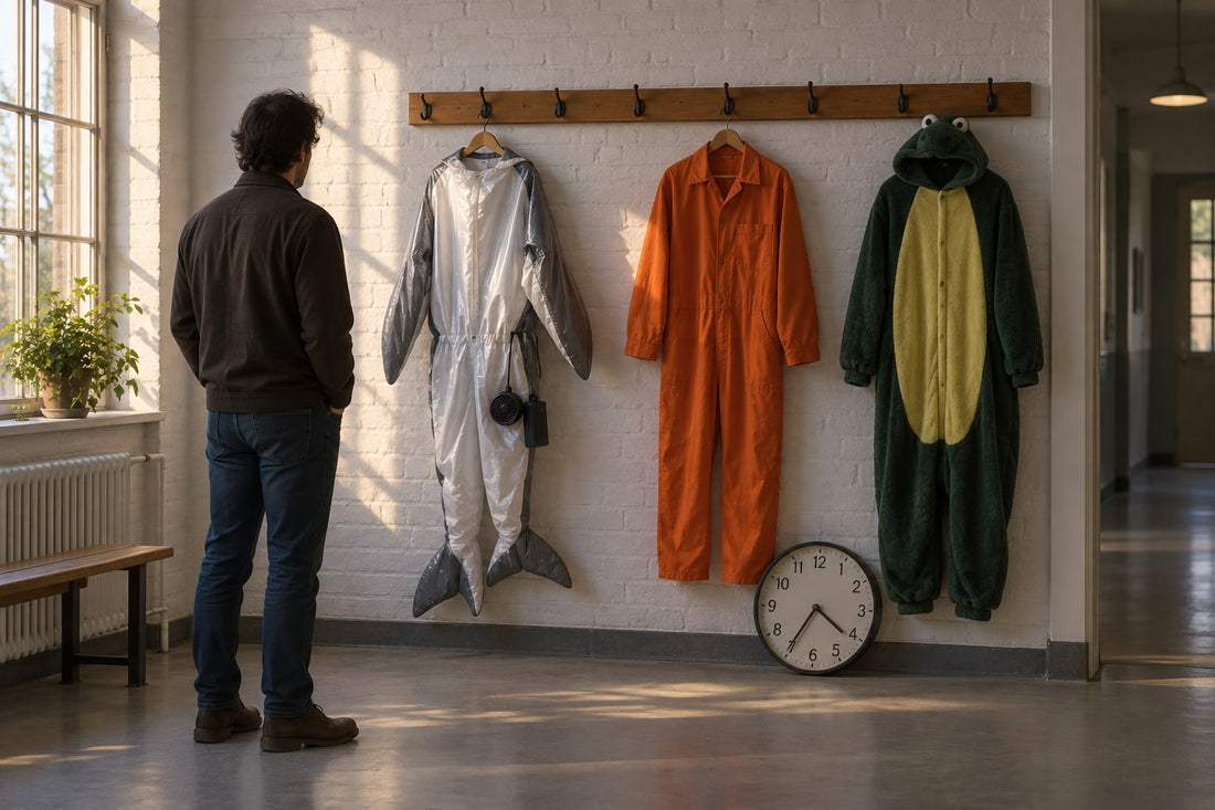 Three costume one-pieces on a coat rack: a deflated inflatable with its fan box, a plain orange coverall, and a thick green fleece hooded onesie, with a clock propped below