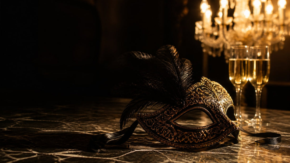 Ornate black and gold feather masquerade mask on dark marble by chandelier light