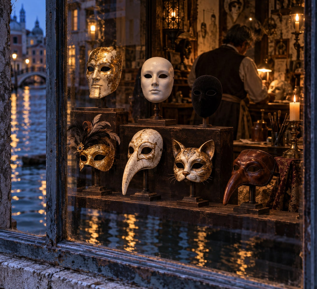 Seven traditional Venetian masks on wooden stands in a canal-side shop window: bauta, volto, moretta, colombina, medico della peste, gatto and a commedia half mask
