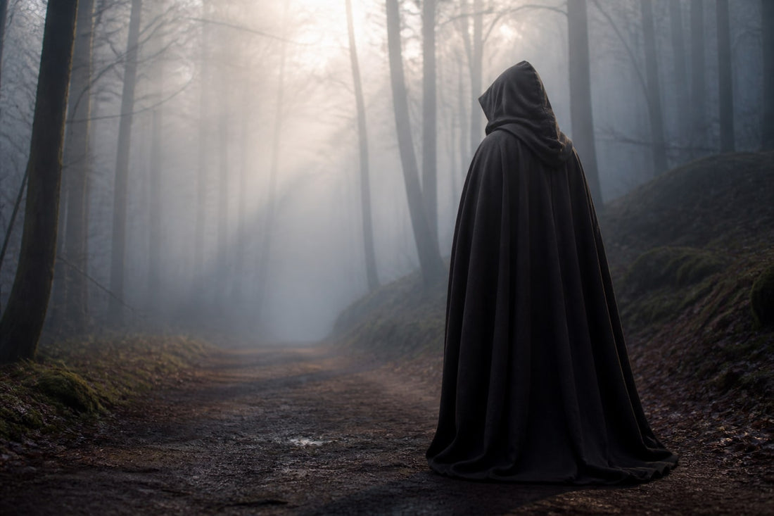 Hooded medieval cloak worn on a misty forest path at dawn