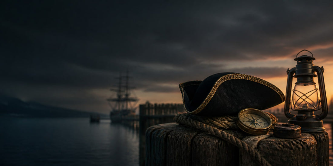Black gold-trimmed tricorn hat on a harbour mooring post at dusk with rope, compass and lantern