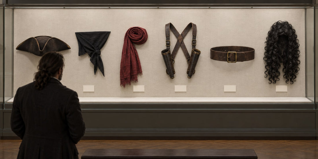 Six pirate costume pieces laid out separately in a display case: tricorn hat, head scarf, waist sash, shoulder harness, leather belt and curly wig