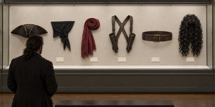 Six pirate costume pieces laid out separately in a display case: tricorn hat, head scarf, waist sash, shoulder harness, leather belt and curly wig