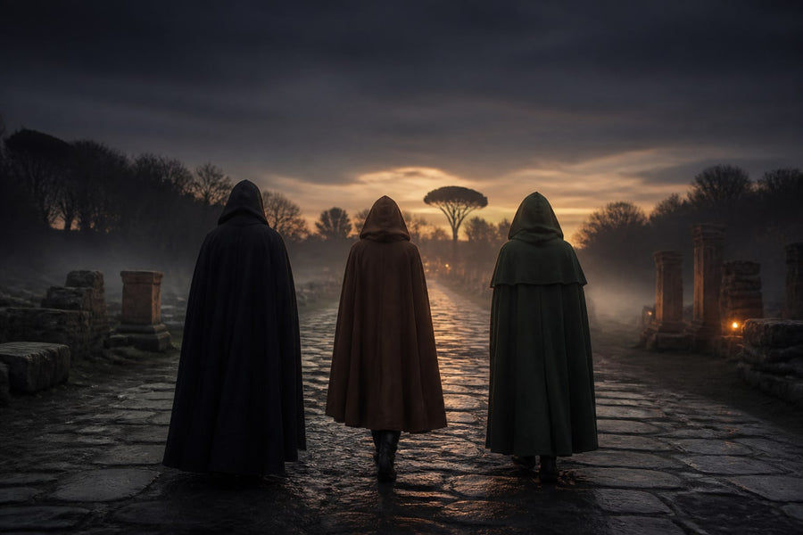 Three plain hooded cloaks seen from behind on a misty road: black, brown and green
