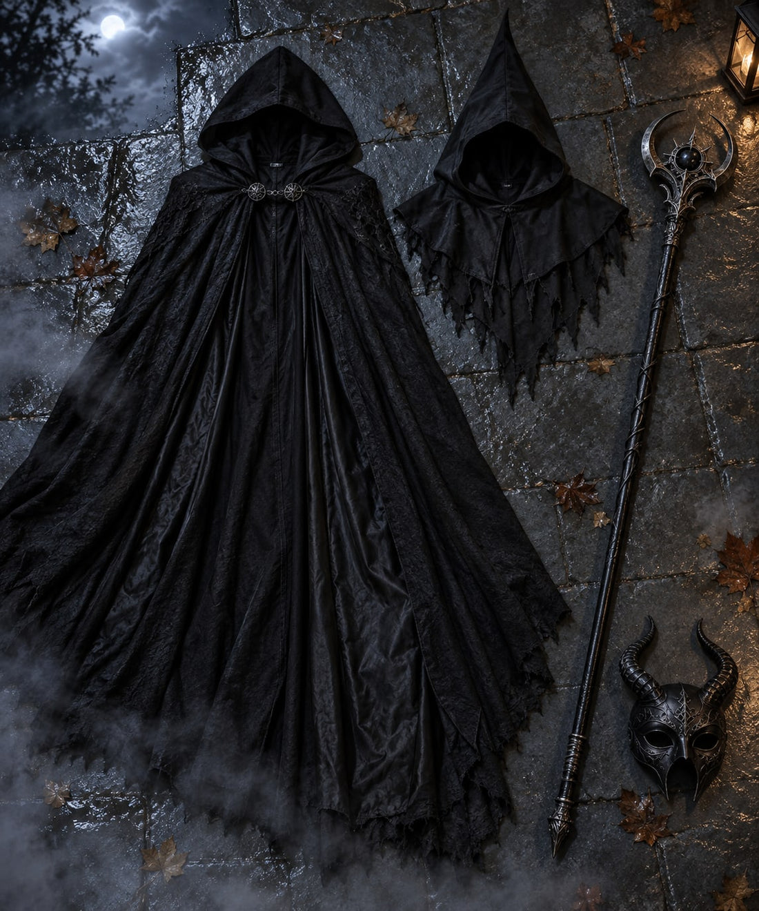 Overhead flat lay on wet slate at night: a long black hooded cloak, a separate hooded cowl, a horned mask and a dark staff