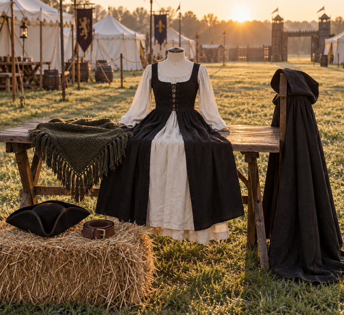 One person's worth of renaissance faire clothing laid out on a trestle table and hay bale at sunrise: two-piece dress, fringed shawl, tricorn hat, hooded cloak and belt