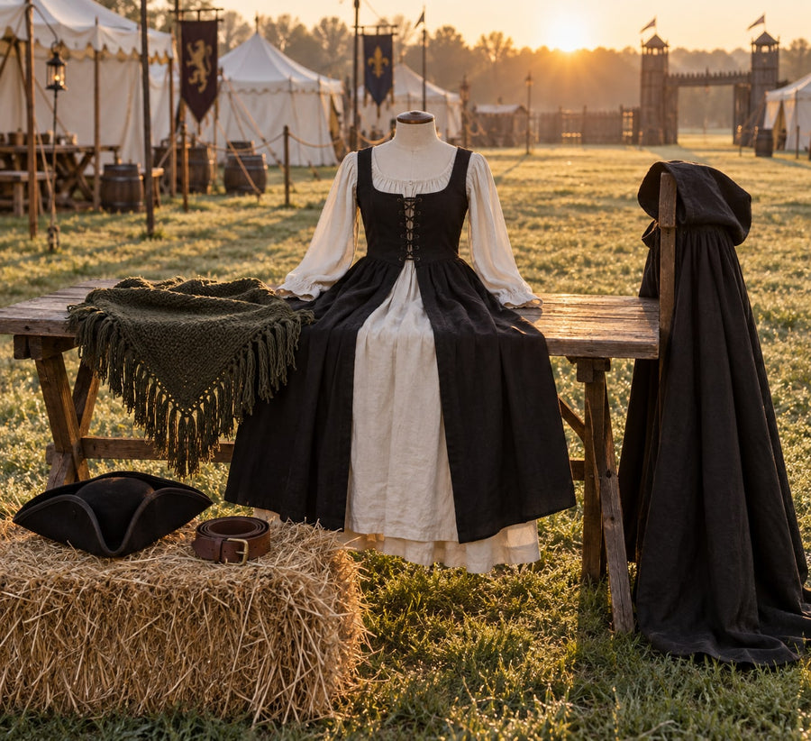 One person's worth of renaissance faire clothing laid out on a trestle table and hay bale at sunrise: two-piece dress, fringed shawl, tricorn hat, hooded cloak and belt