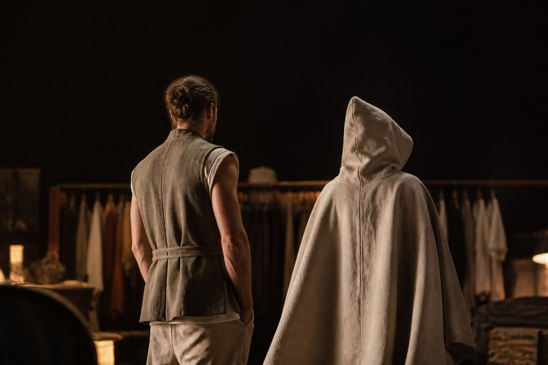 Two costume outer layers from behind: a belted sleeveless tabard with bare arms, and a sealed hooded poncho