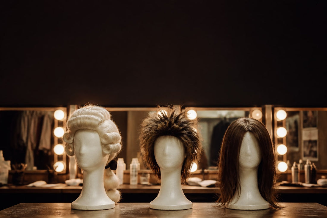 Three costume wigs on stands: a white colonial wig, a spiky punk wig and a plain brown wig