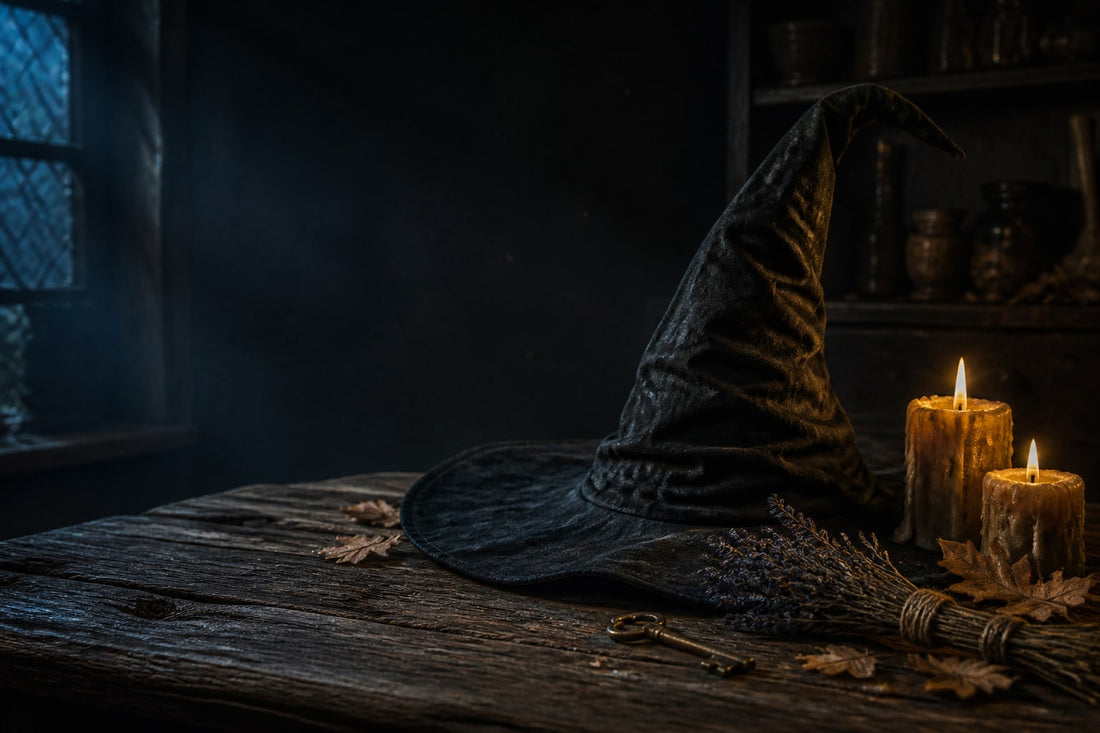 Black crooked-crown witch hat on a dark wooden table by candlelight