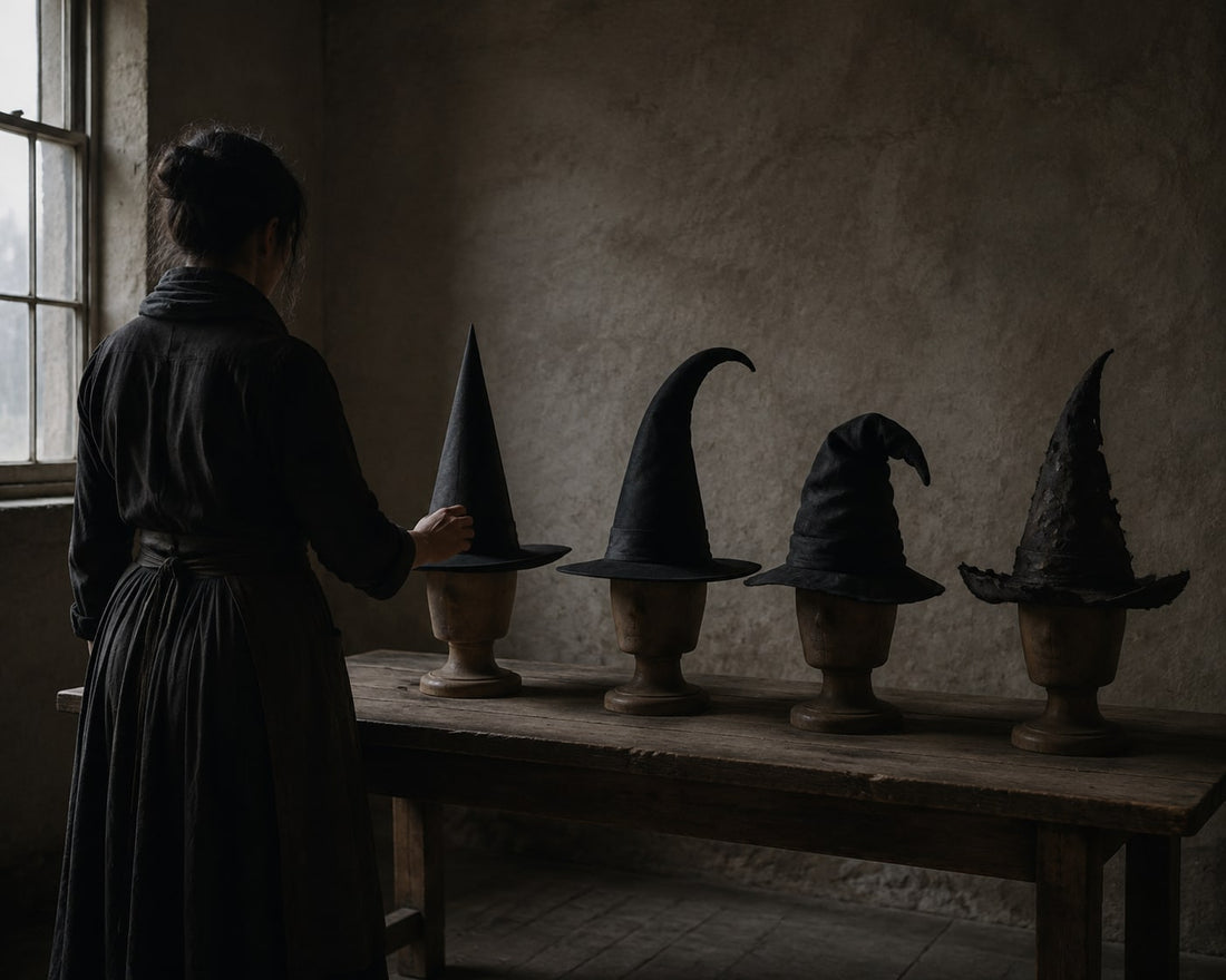 Four costume witch hats on wooden blocks: straight cone, bent tip, drooping crown and tattered