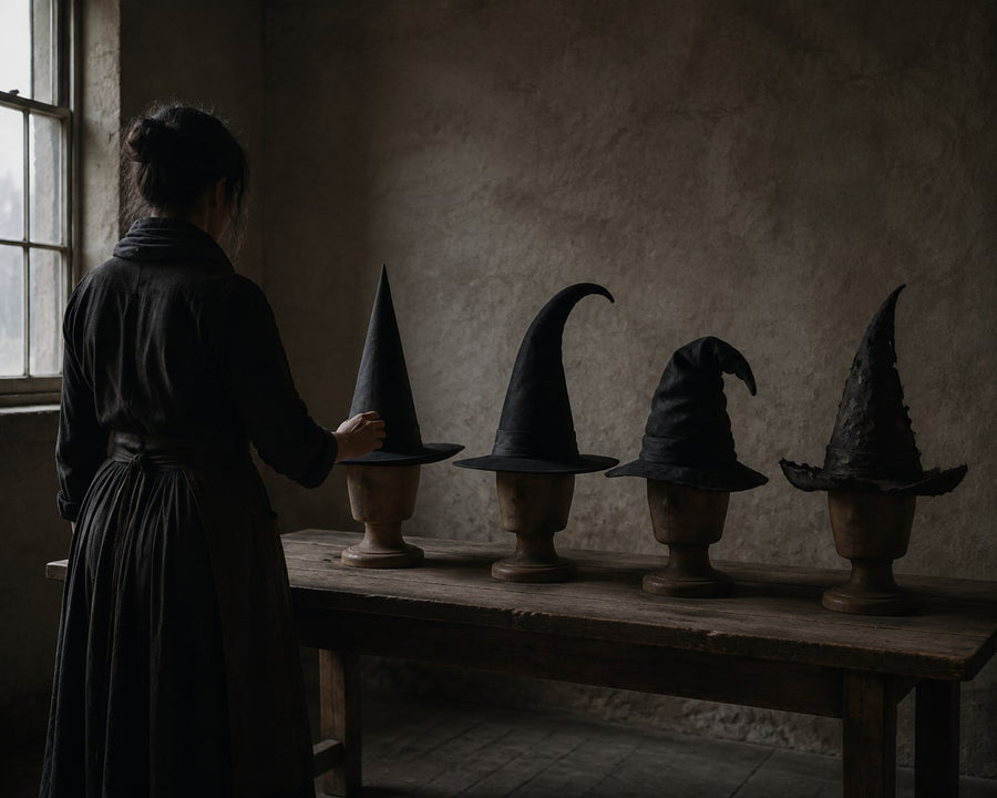 Four costume witch hats on wooden blocks: straight cone, bent tip, drooping crown and tattered