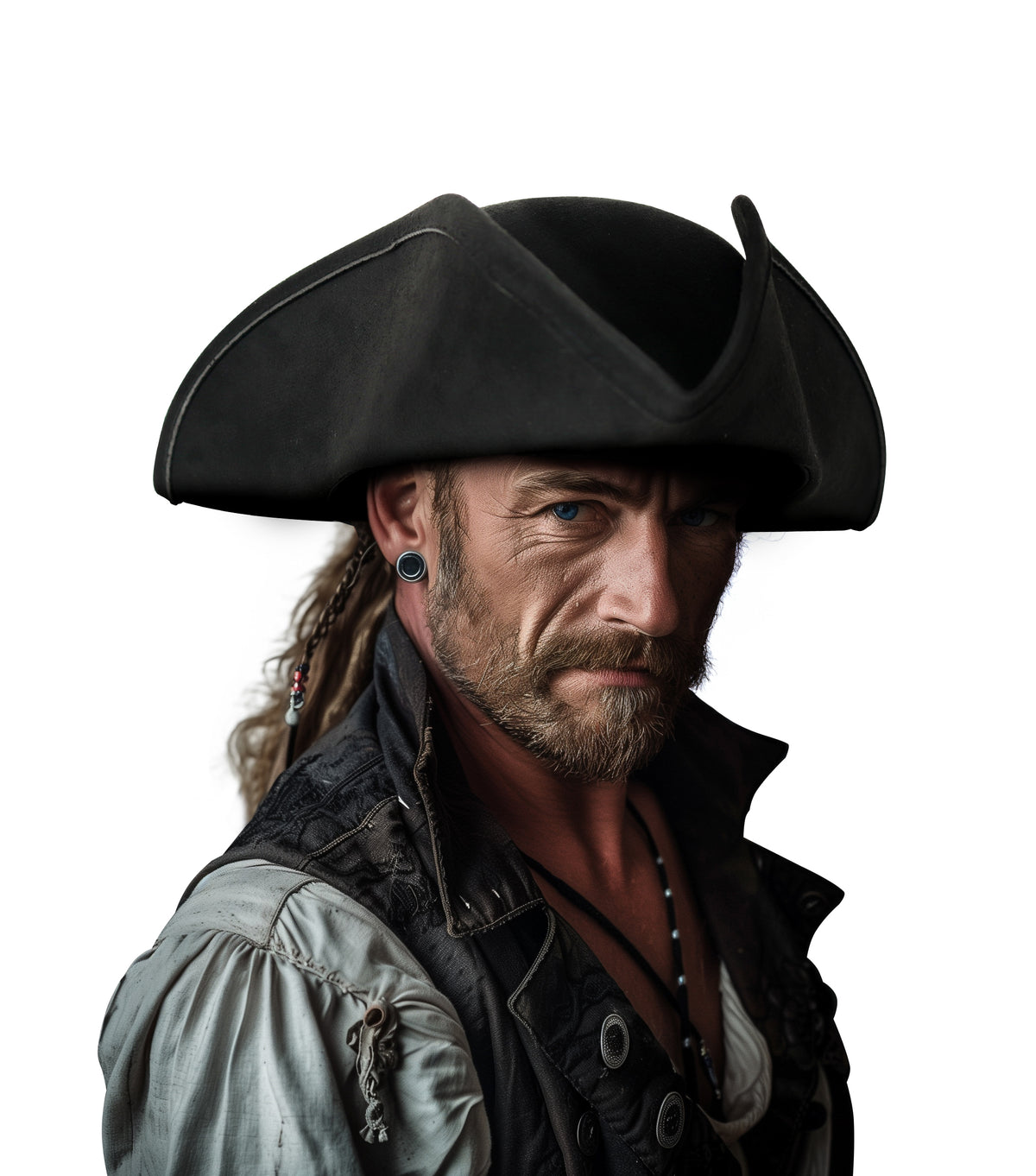 Black tricorne pirate hat with a broad curved brim and raised front points, shown in close-up on a man