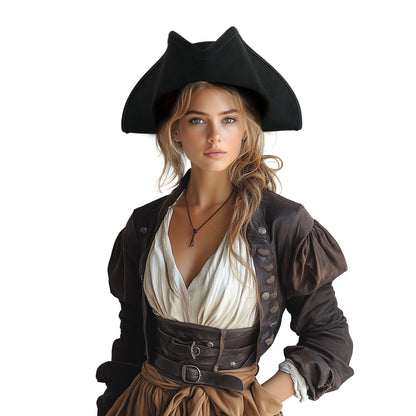 Black tricorne pirate hat with a wide brim and structured crown, shown on a woman against a white background