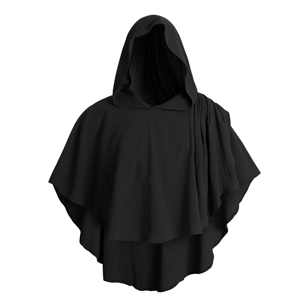 Black Hooded Cloak Costume, Full-Length Loose-Fit Poncho With Oversized Face-Covering Hood, Layered Draped Panels For Themed Events