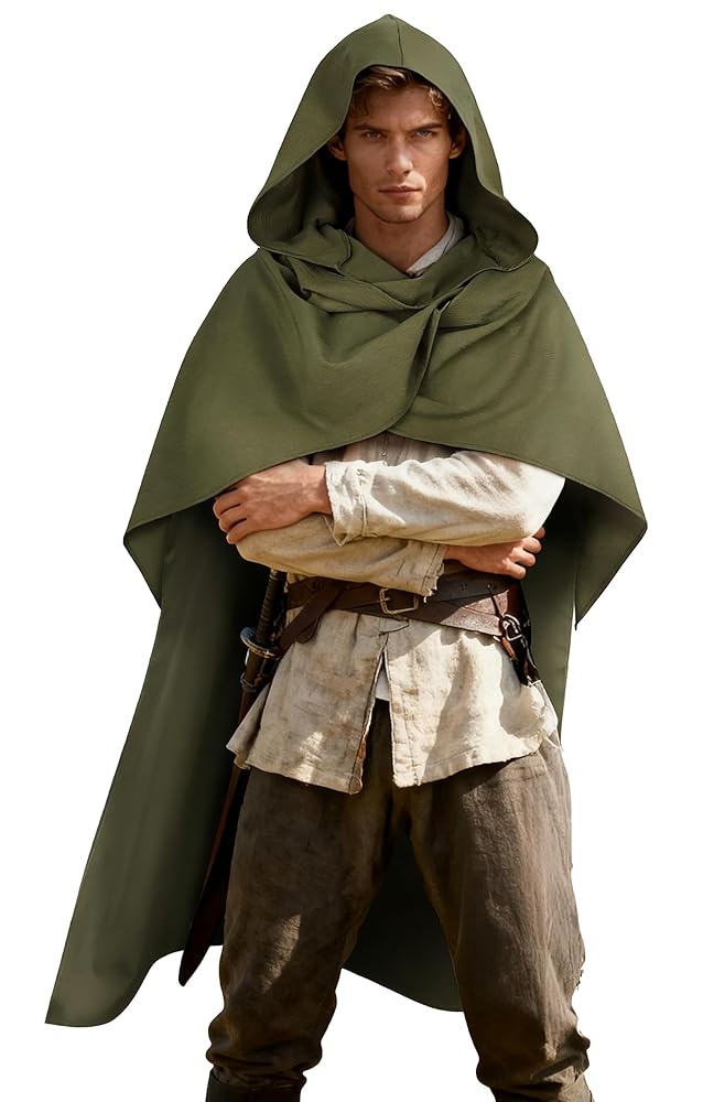 Medieval Hooded Cloak, Olive Green Full-Length Cape with Pointed Hood and Front Tie for Cosplay and Role-Playing