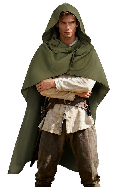 Medieval Hooded Cloak, Olive Green Full-Length Cape with Pointed Hood and Front Tie for Cosplay and Role-Playing