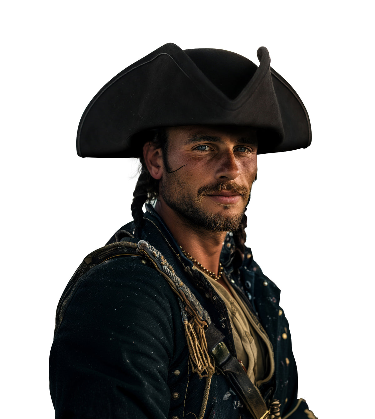 Black tricorne pirate hat with a broad curved brim and structured crown, worn by a man in pirate-style clothing