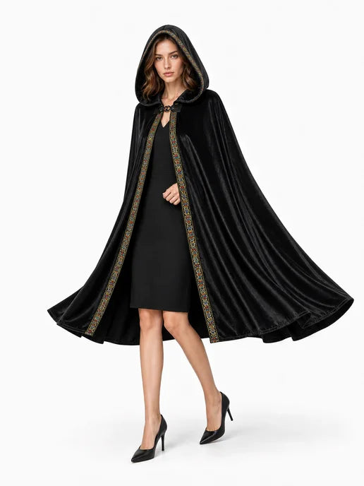 Black Costume Cloak with Hood and Trim