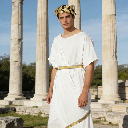 Full-body model wearing a white draped toga with a gold belt and diagonal hem trim among stone columns