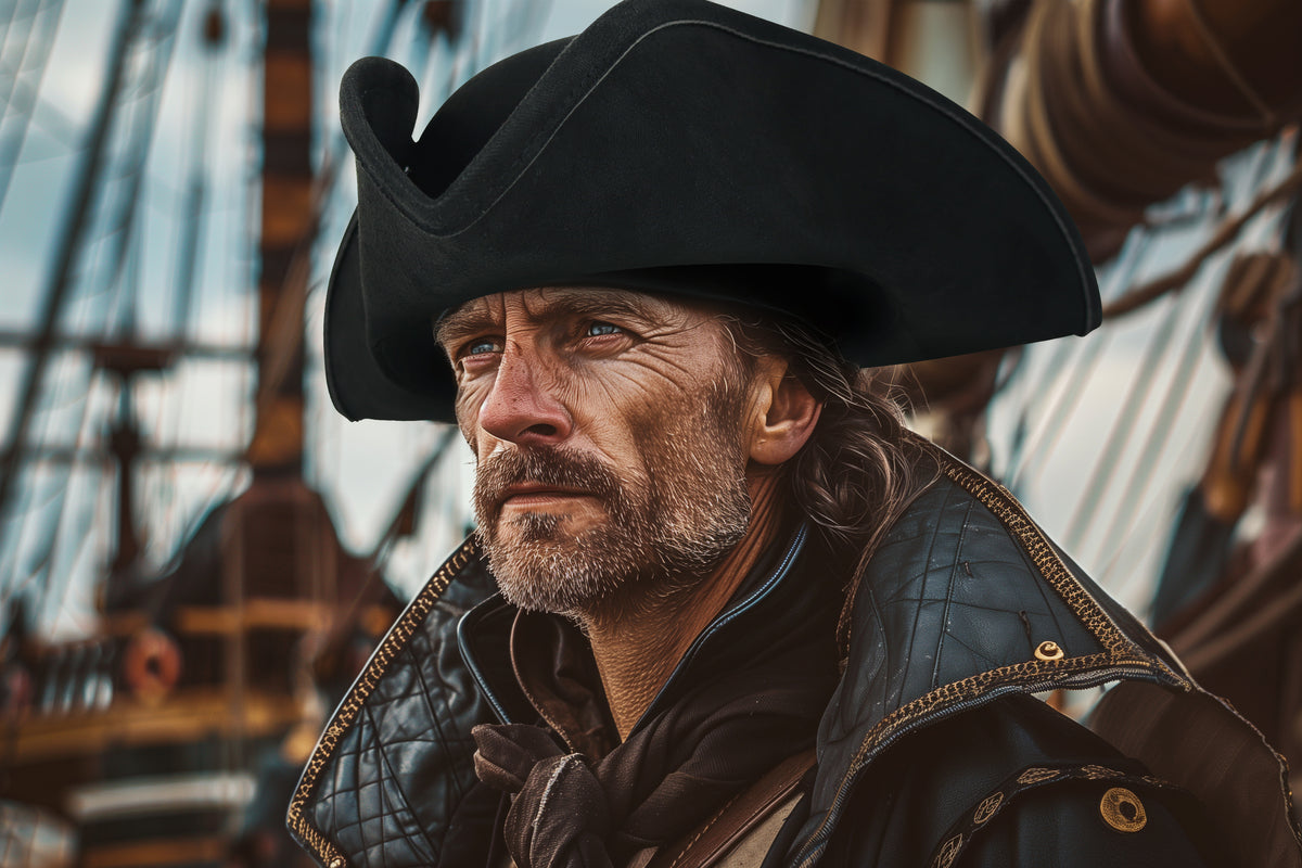 Black tricorne pirate hat with a wide curved brim and raised crown, shown on a man in a shipboard setting