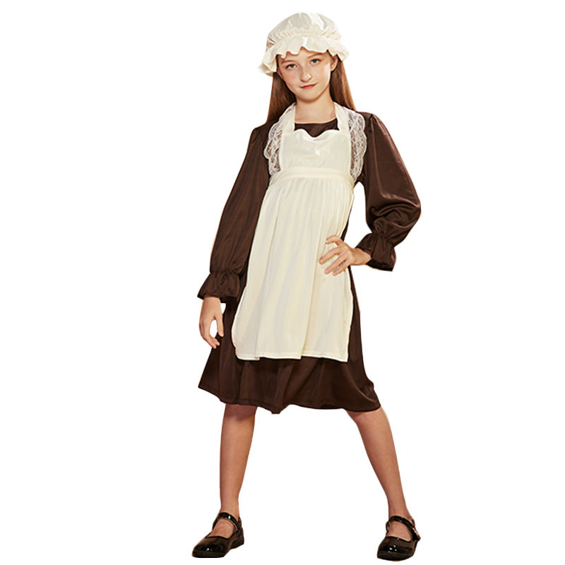 Victorian costume with dress, apron, and bonnet