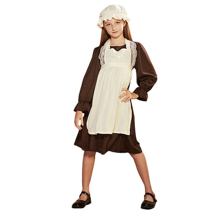 Victorian costume with dress, apron, and bonnet