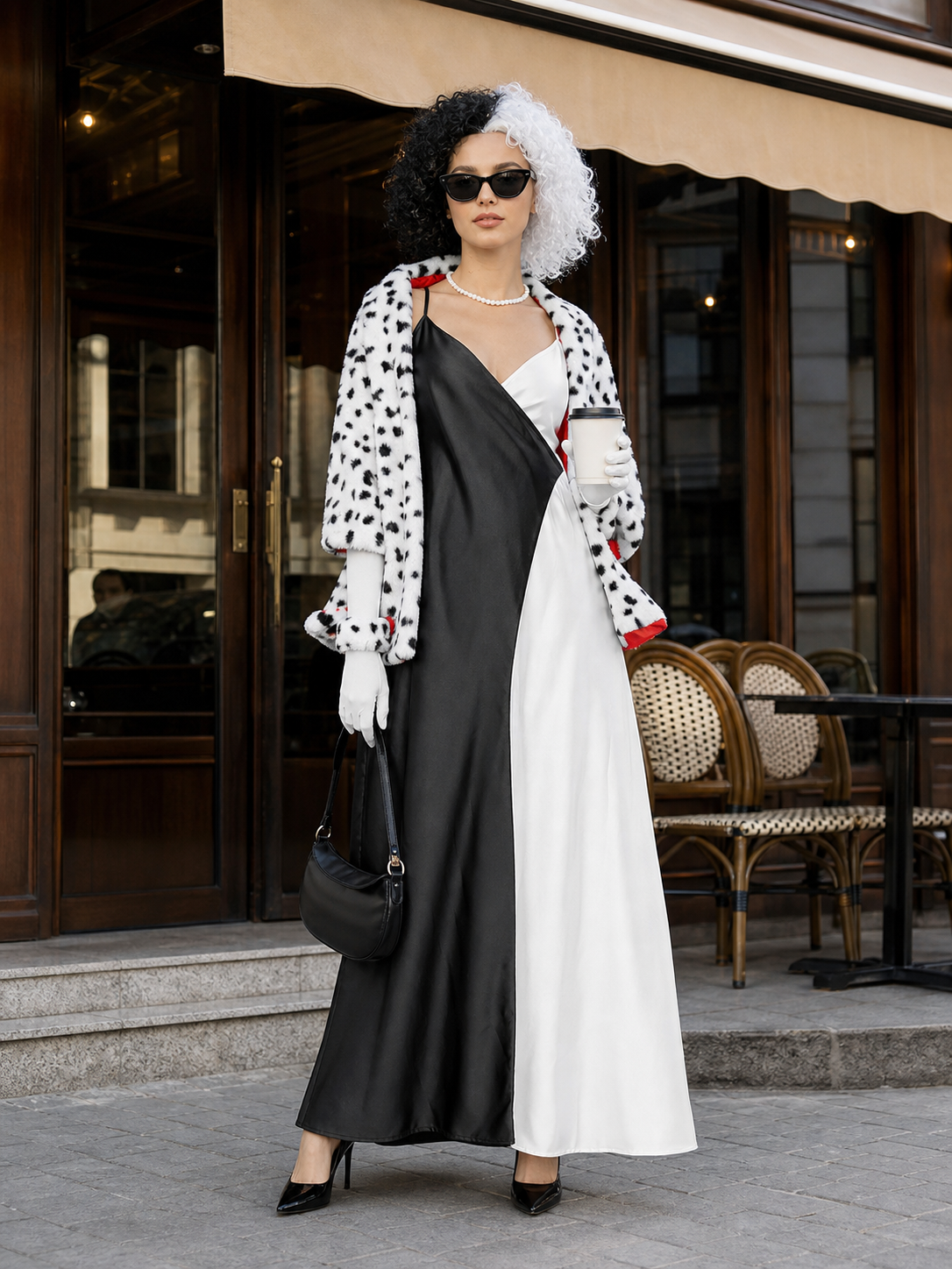 Women's Cruella cosplay costume with cape and gloves