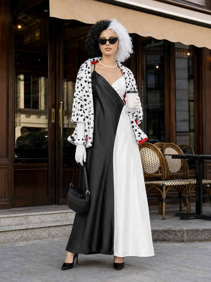 Women's Cruella cosplay costume with cape and gloves