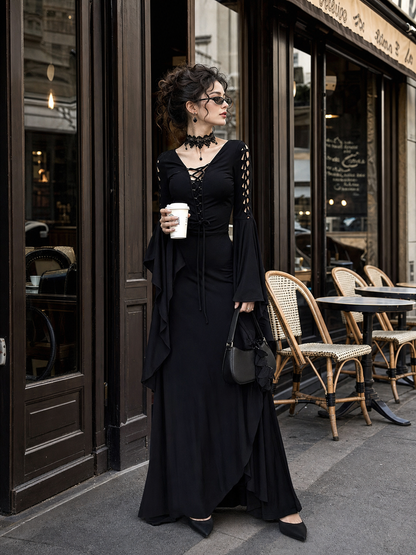 Halloween Gothic Lace-Up Maxi Dress