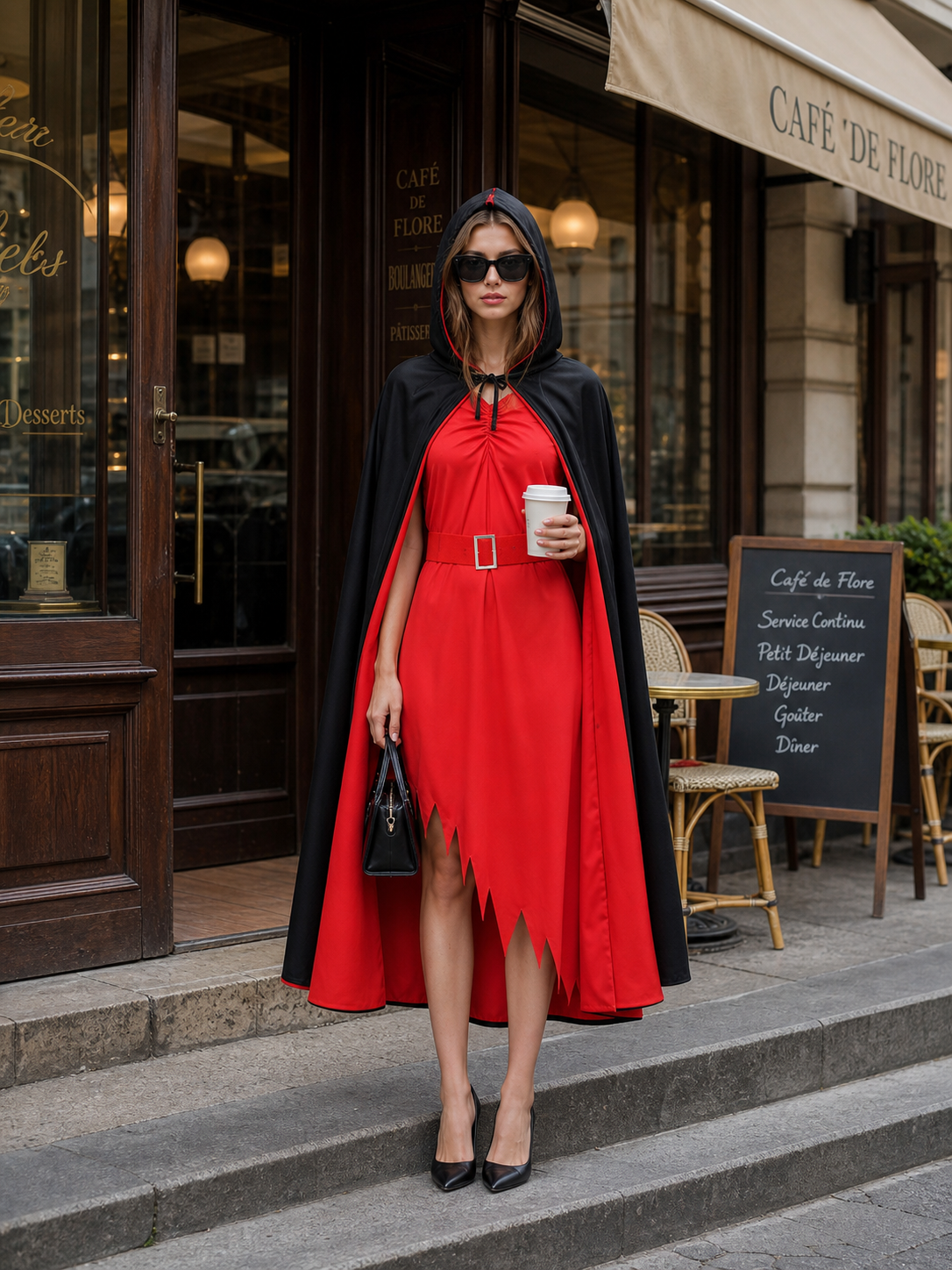 Black-and-Red Vampire Hooded Cloak for Halloween