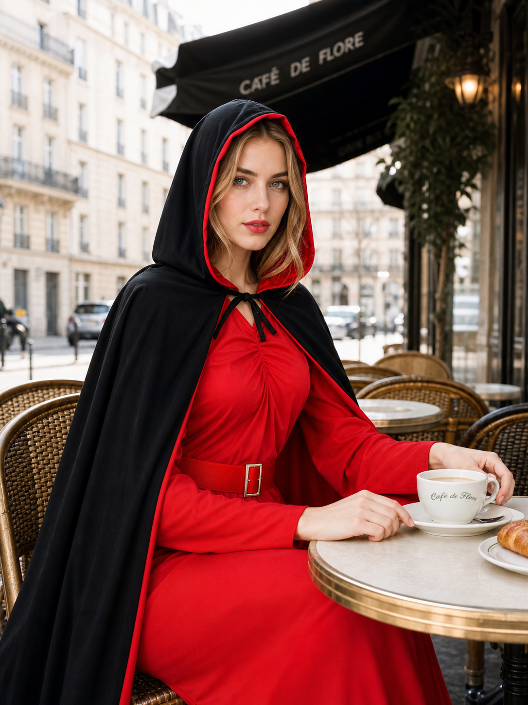 Black-and-Red Vampire Hooded Cloak for Halloween